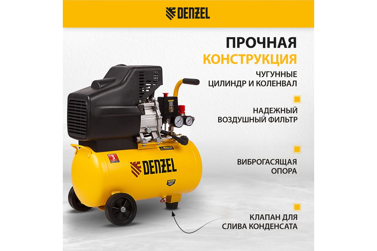 Воздушный компрессор с прямым приводом Denzel DC1500/24, 1,5 кВт, 24 литра, 220 л/мин/ 58160