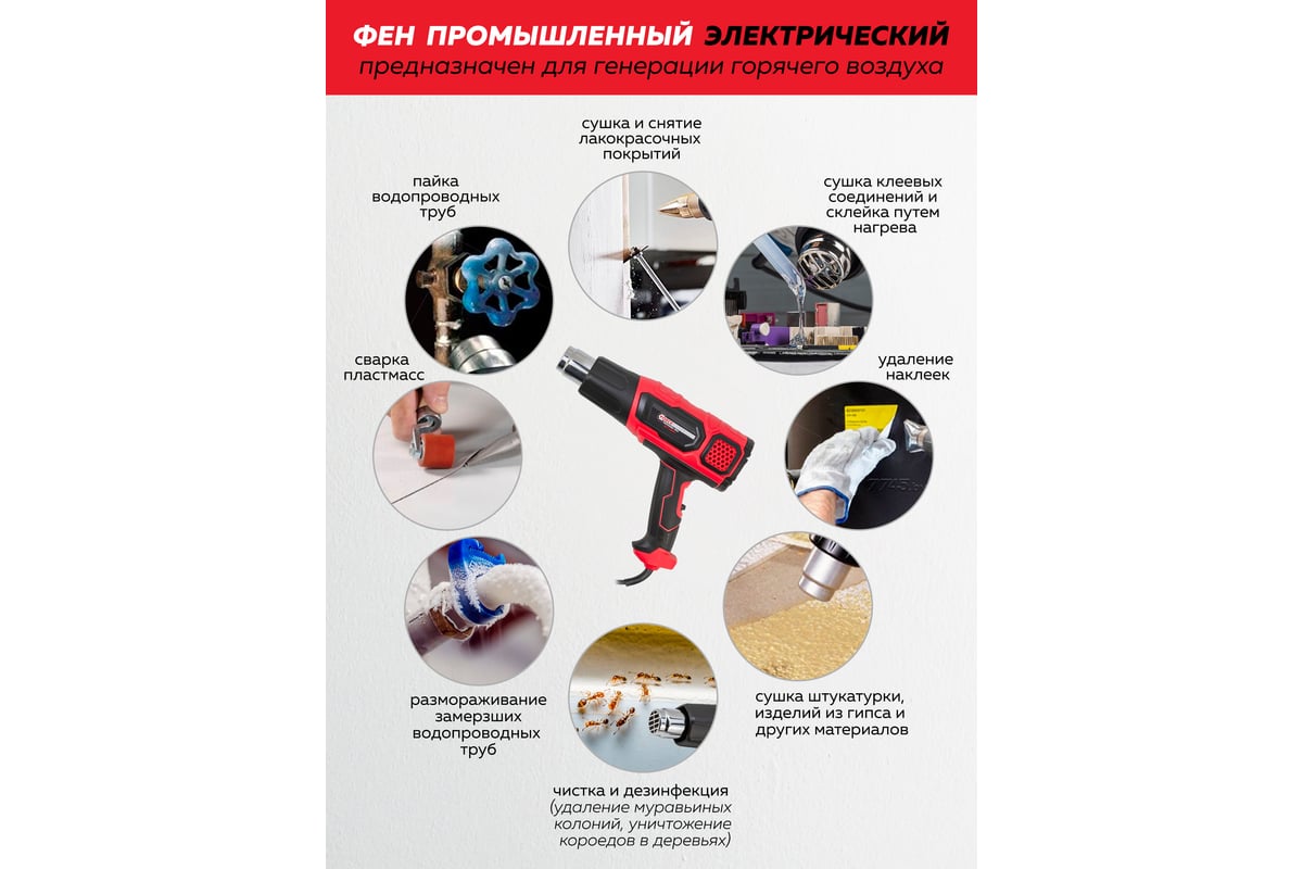 Промышленный электрический фен с дисплеем и насадками Forcekraft 220в, 50/60гц, 2000вт, 60-600с, 300-500л/мин, класс защиты-двойная изоляция FK-HG55-2000LCD(52343)
