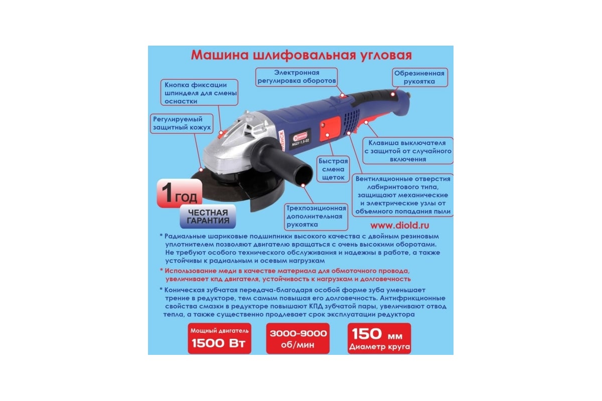 Угловая шлифовальная машина Диолд МШУ-1.5-02 10041201