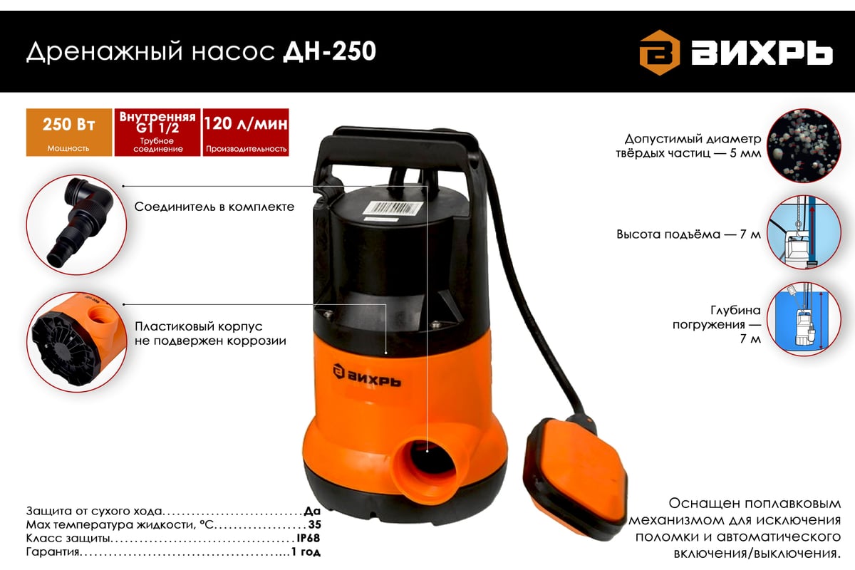 Дренажный насос Вихрь ДН-250 68/2/11