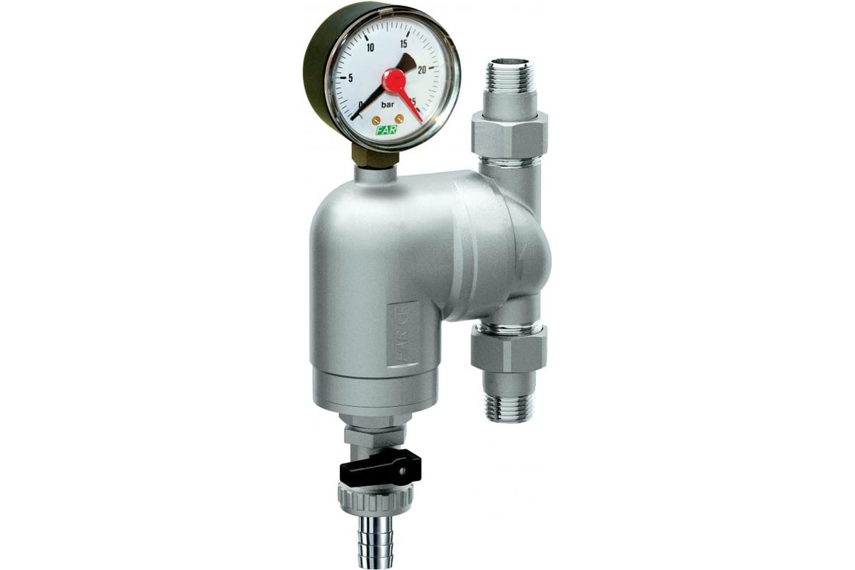 Фильтр FAR 100 мкм, с манометром, Max: 95 C, 25 бар. Поворотное соединение 1/2" НР (+ EPDM прокладка FD 8722 12 — 2 шт.) FA 39A4 1210087