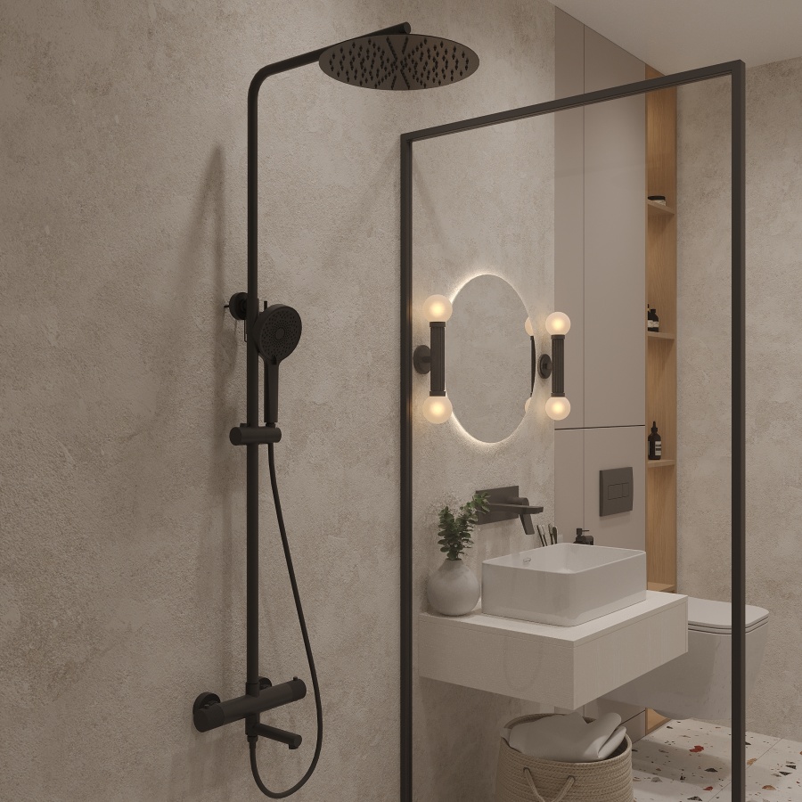 Душевая стойка Oliveeka Y-Line OL-739902-MB с термостатом, черный матовый