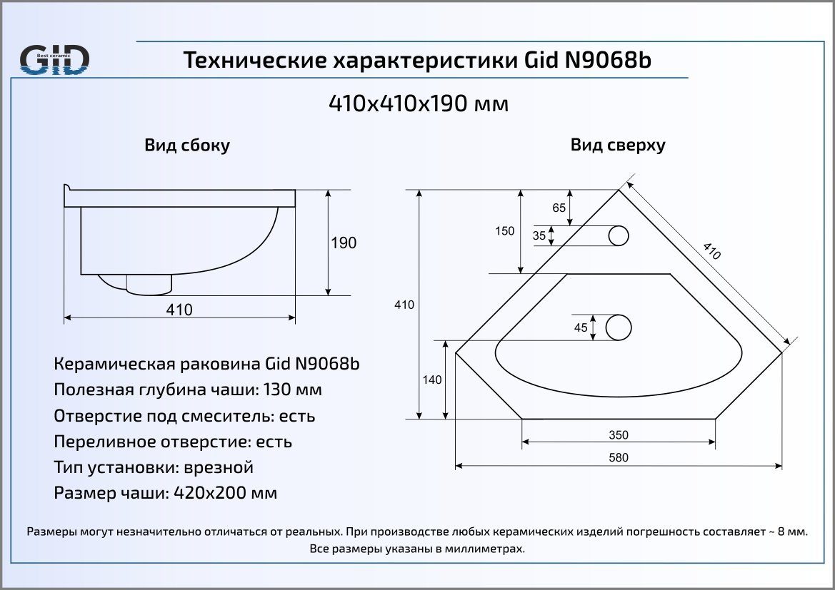 Раковина Gid N9068b 41 см