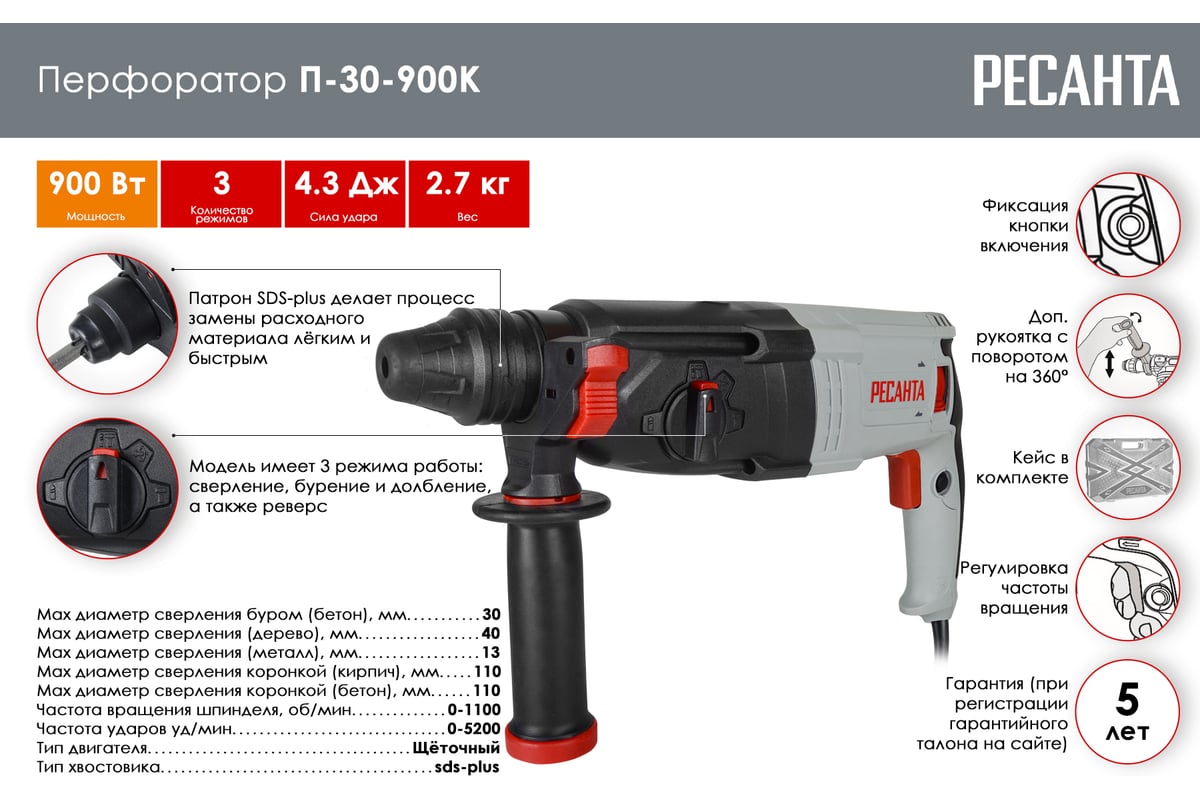 Перфоратор Ресанта П-30-900К 75/3/2