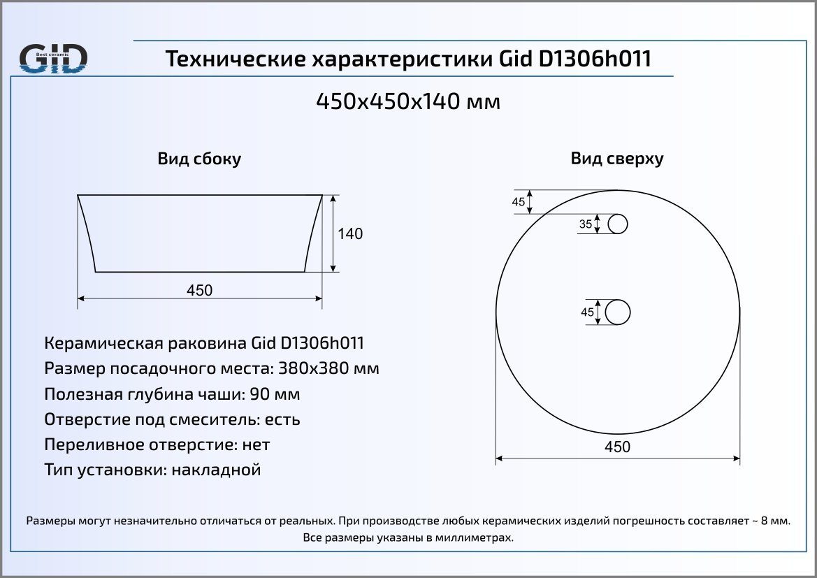 Раковина Gid LuxeLine D1306h011 45 см белый