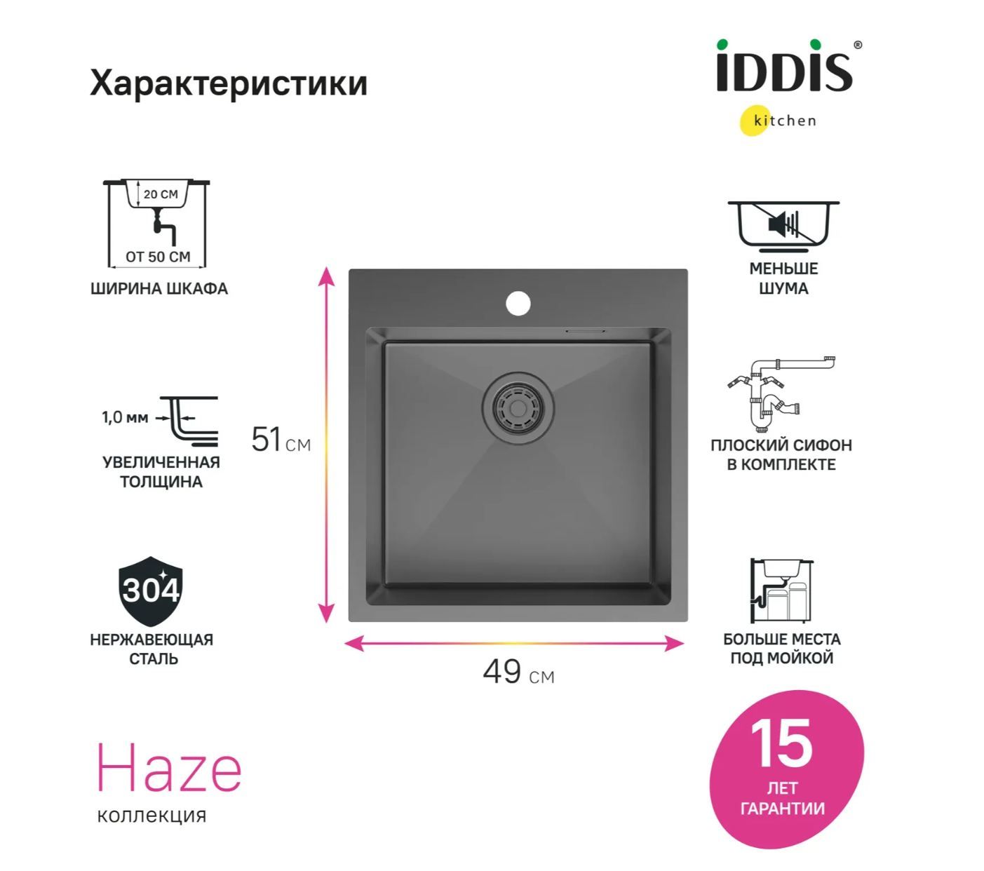 Кухонная мойка Iddis Haze врезной монтаж, нержавеющая сталь, графит, 49х51х20 см, HAZ49GMi77