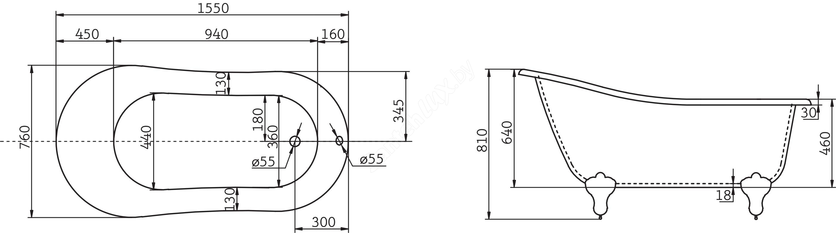 Акриловая ванна BelBagno BB06-1550 155x76 см