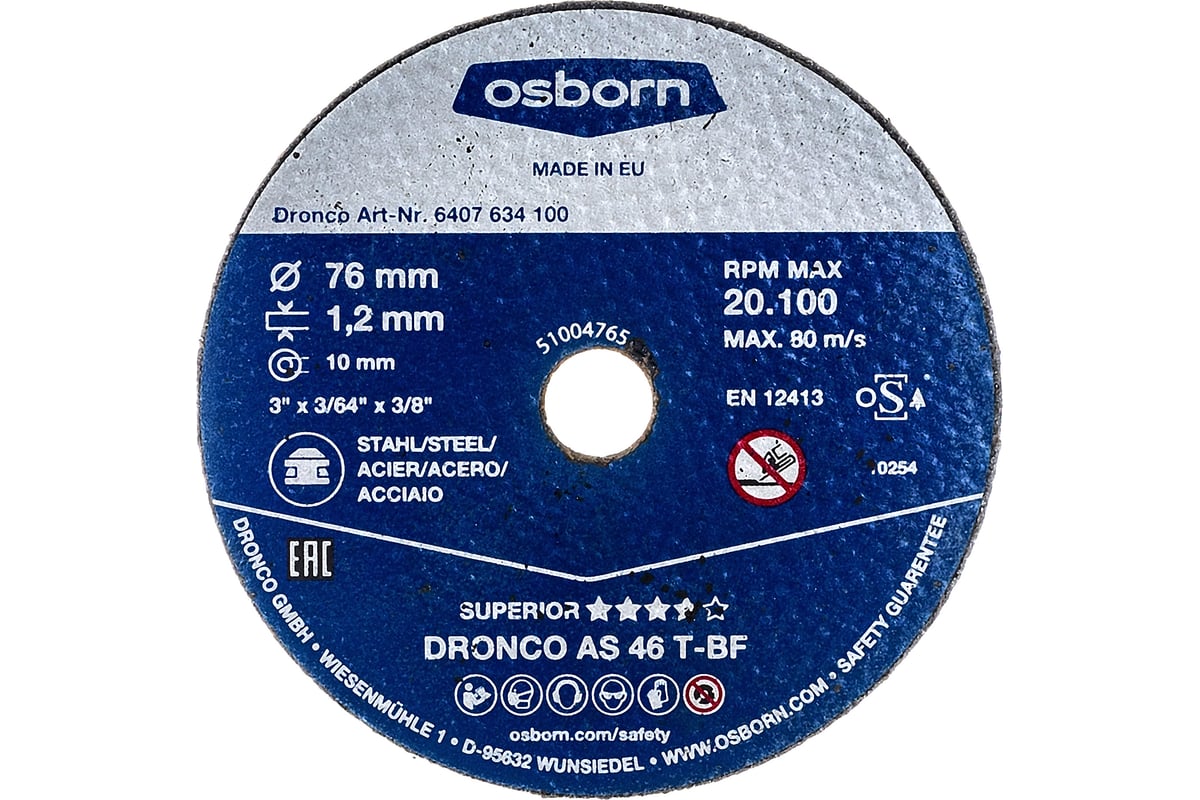 Отрезной диск по металлу Superior AS46T Mini (76х1.2х10 мм) DRONCO 6407634100