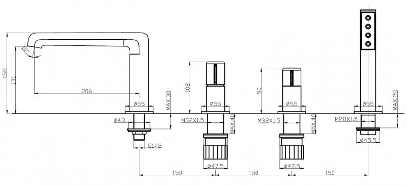 Смеситель на борт ванны BelBagno UNO-BVD4-CRM