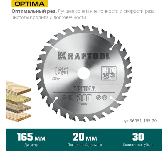 Диск пильный по дереву Optima 165x20 мм, 30Т Kraftool 36951-165-20