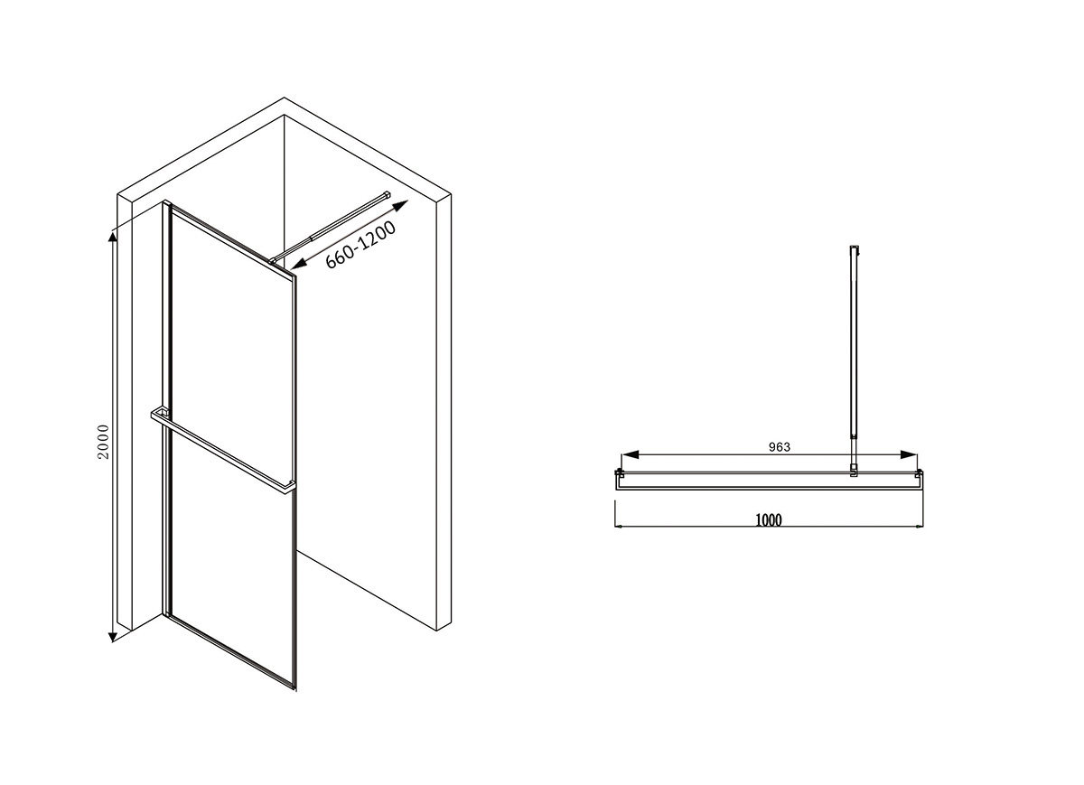 Душевая перегородка Abber Immer Offen 100x200, черный AG60100B