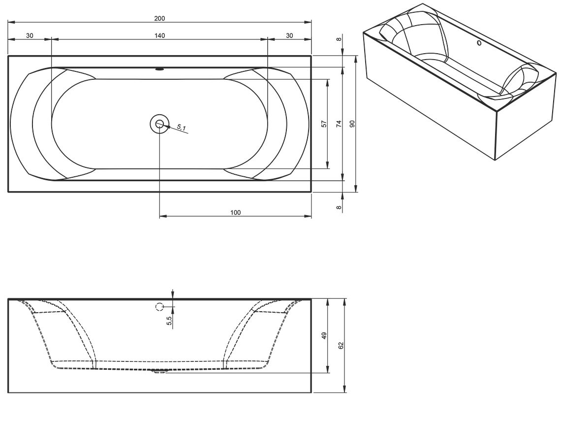 Акриловая ванна Riho Linares Plug&Play 200x90 L/R с монолитной панелью