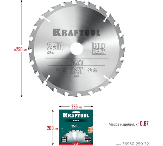 Диск пильный по дереву Kraftool Fast 250x32 мм, 24Т 36950-250-32