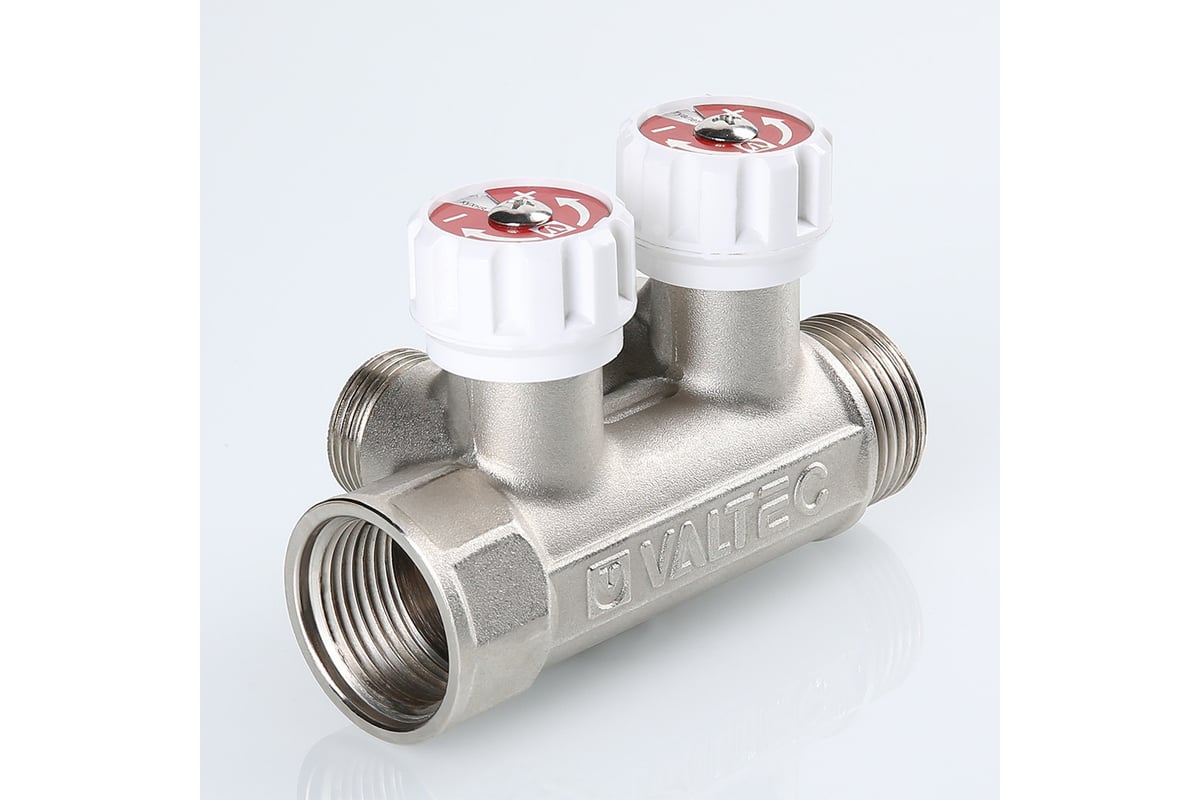 Коллектор с регулировочными вентилями Valtec 1"х2 выхода, евроконус 3/4" (на подающий трубопровод) VTc.570.NE.0602