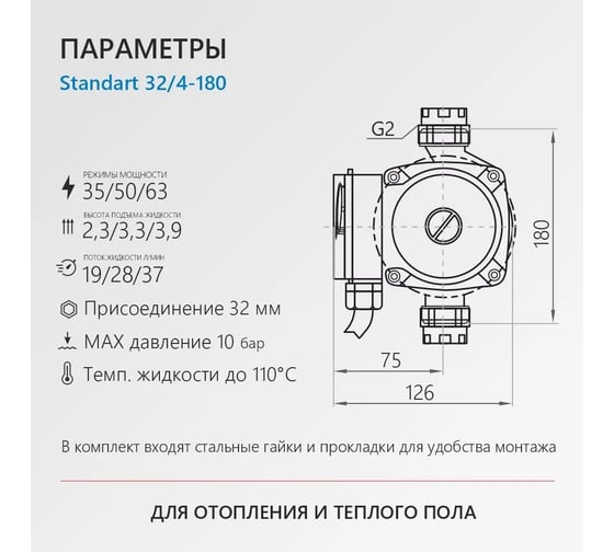 Циркуляционный насос PROFLINE standart 32/4-180 (гайки, кабель) УТ-00047624