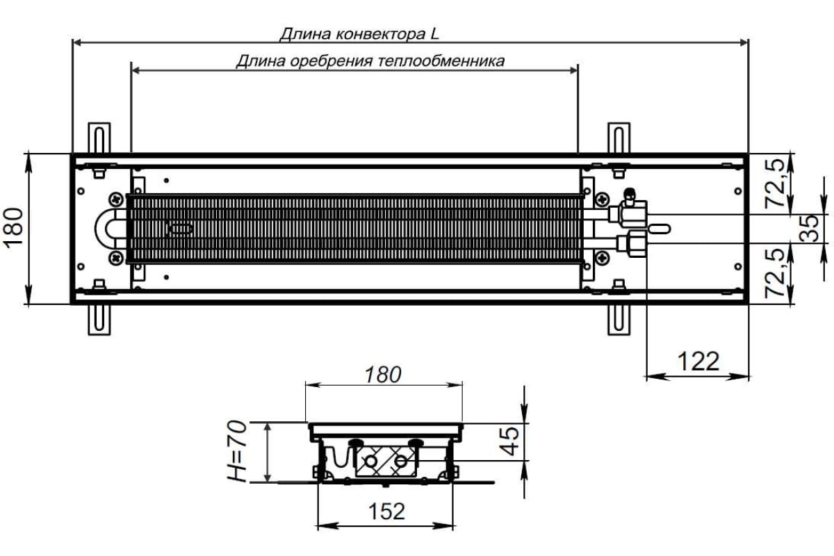 Внутрипольный водяной конвектор KVZ с решеткой KVZ-180-70-1600-UA/RRA-180-1600-A