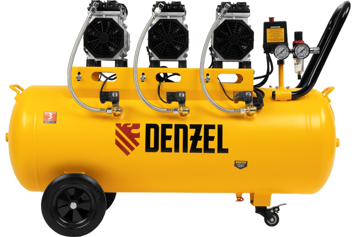 Безмаслянный малошумный компрессор Denzel DLS 1800/100,1800 Вт, 3x600, 100 л, 345 л/мин 58028