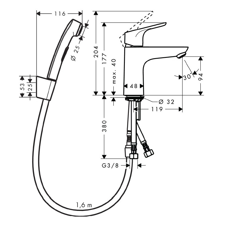 Смеситель для раковины Hansgrohe Focus 31927000 с гигиеническим душем