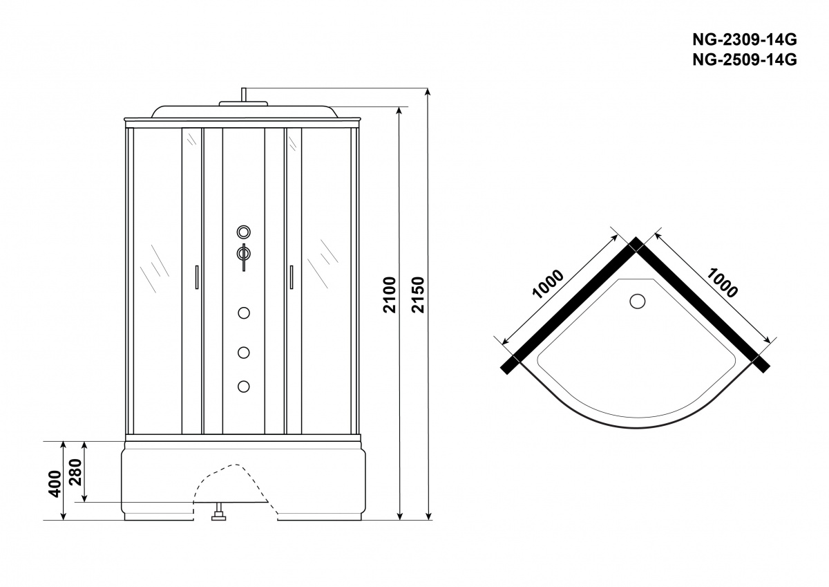 Душевая кабина Niagara NG 2509-14G 100x100 стекло тонированное, гидромассаж