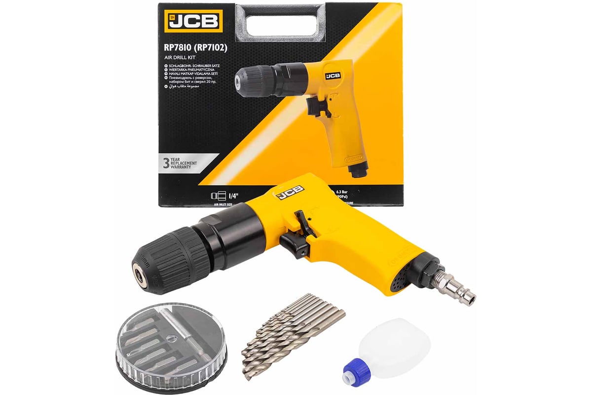 Пневмодрель с реверсом, набором бит и сверл JCB 20пр патрон: 1-10мм, 105 л/мин, 1800об/мин, 6.3Bar,штуцер 1/4" JCB-RP7810 /RP7102/(58338)