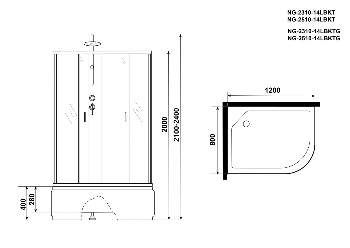 Душевая кабина Niagara NG 2310-14LBKTG 120x80 стекло матовое, без крыши, тропический душ, гидромассаж