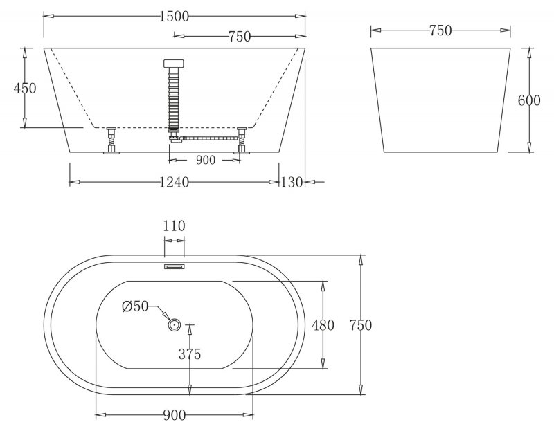 Акриловая ванна BelBagno BB71-1500 150x75 см со сливом-переливом хром