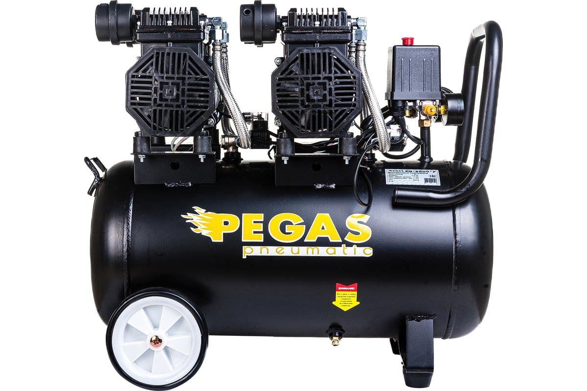 Малошумный безмасляный компрессор Pegas Pneumatic PG-2800*2 проф серия 2.8кВт, 365 л/мин,50л 6621