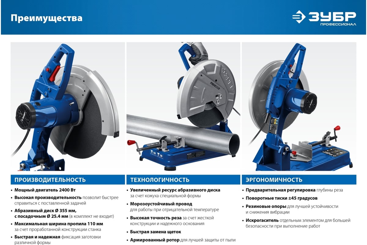 Отрезная пила Зубр Профессионал d 355 мм, 2400 Вт ПО-355
