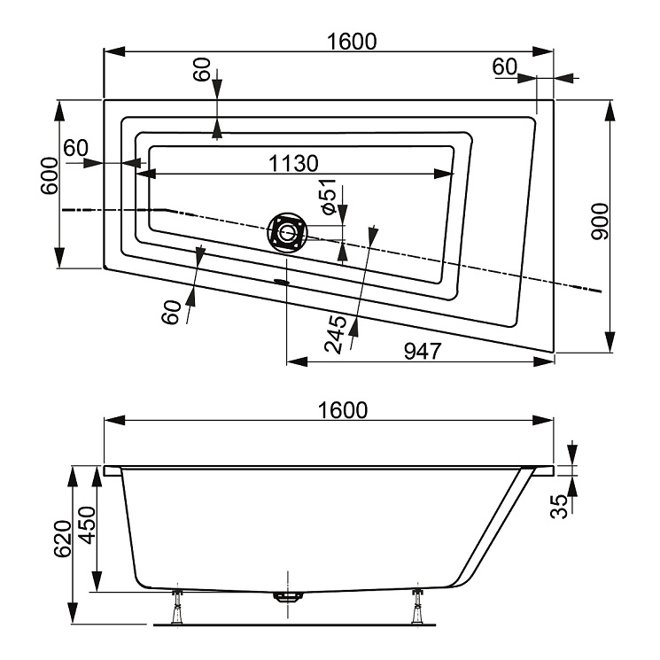 Акриловая ванна VagnerPlast Cavallo Offset 160x90 L