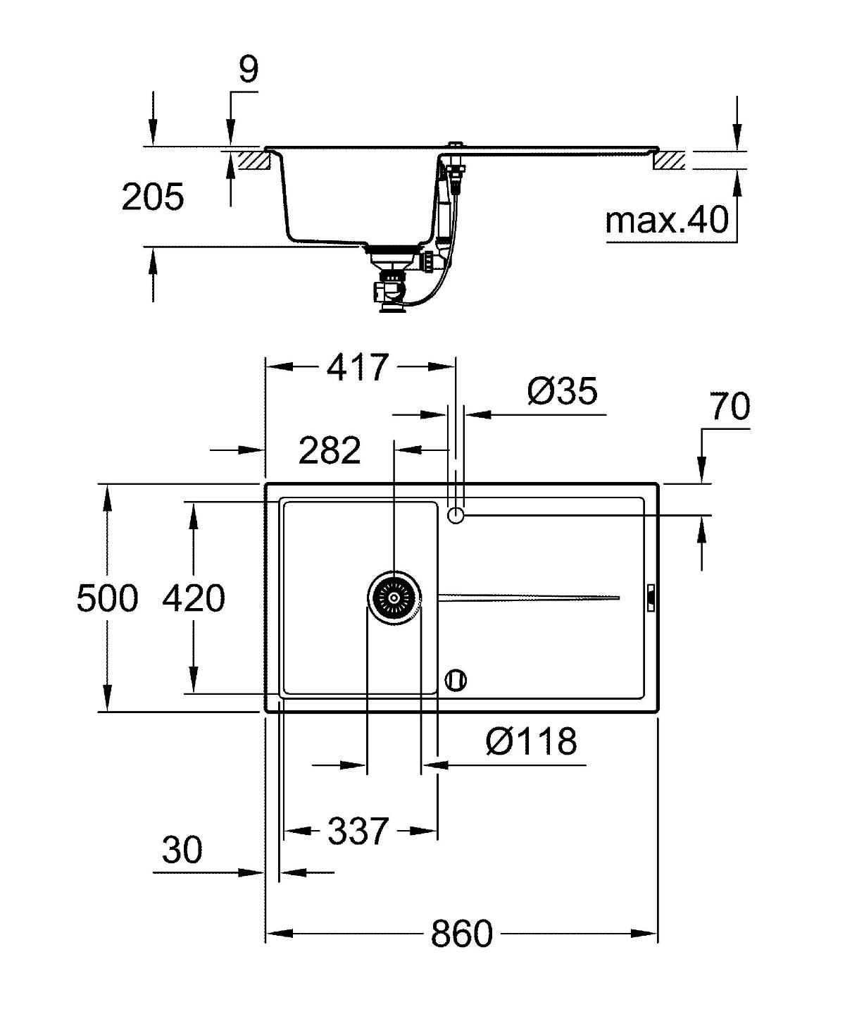 Кухонная мойка Grohe K400 31640AP0 86 см черный гранит