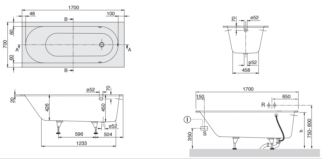 Квариловая ванна Villeroy&Boch Oberon 170x70 см, арт. UBQ177OBE2V-01