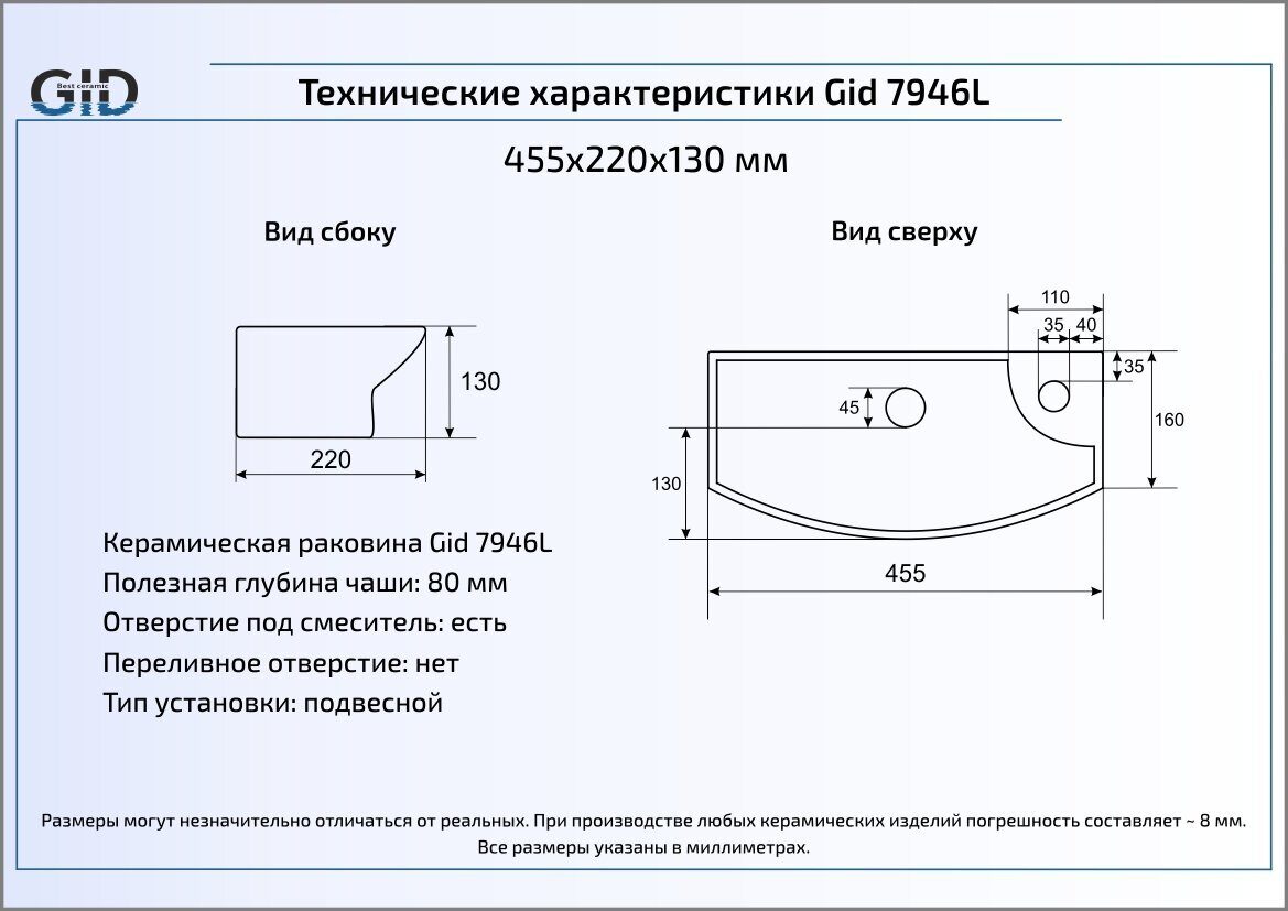 Раковина Gid 7946L 45.5 см