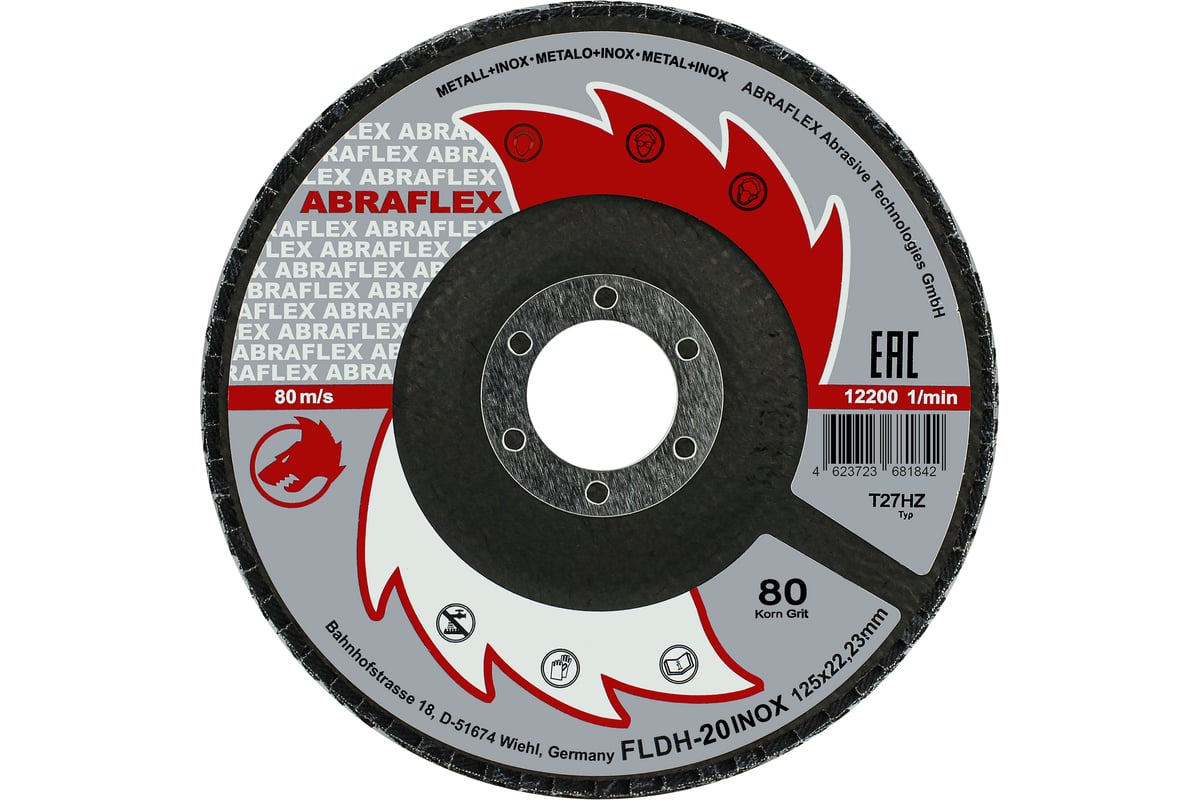 Круг лепестковый торцевой КЛТ1, 125x22.23 мм, P80, по нержавеющей стали Abraflex FLDH20INOX125P80