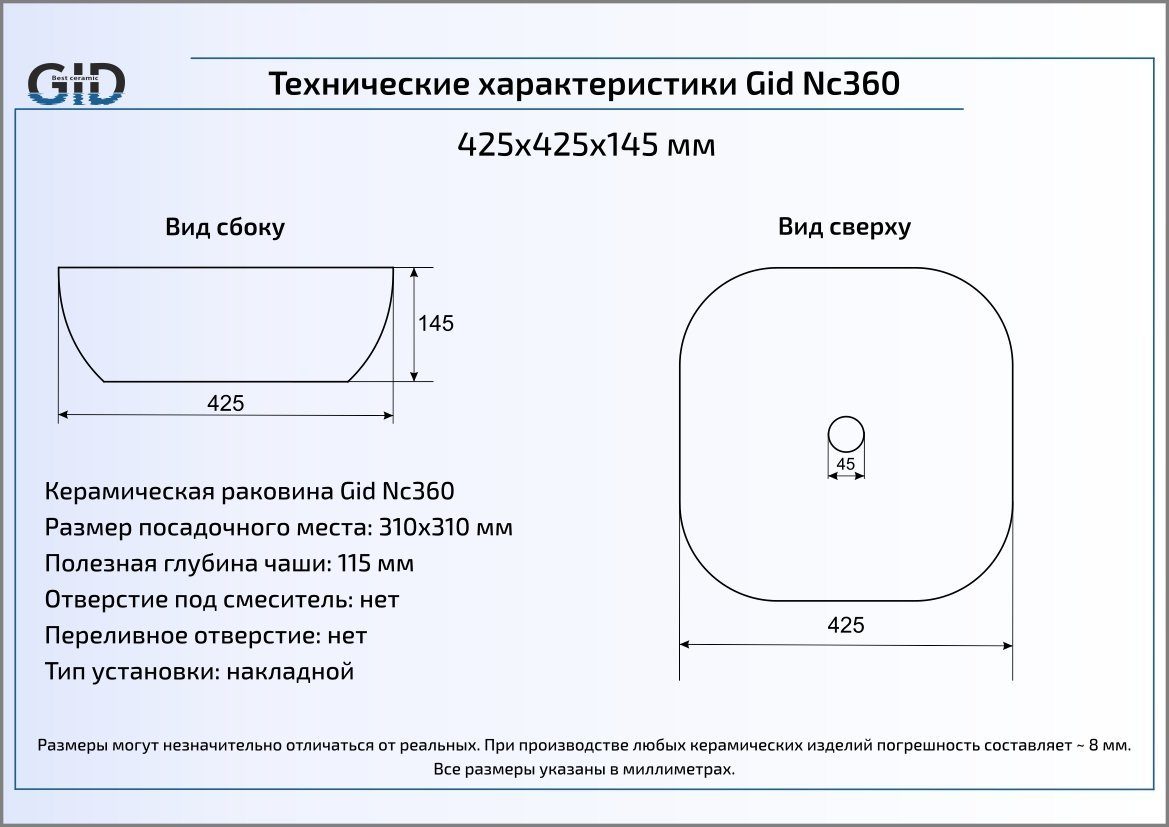 Раковина Gid Color Edition Nc360 42.5 см черный/белый