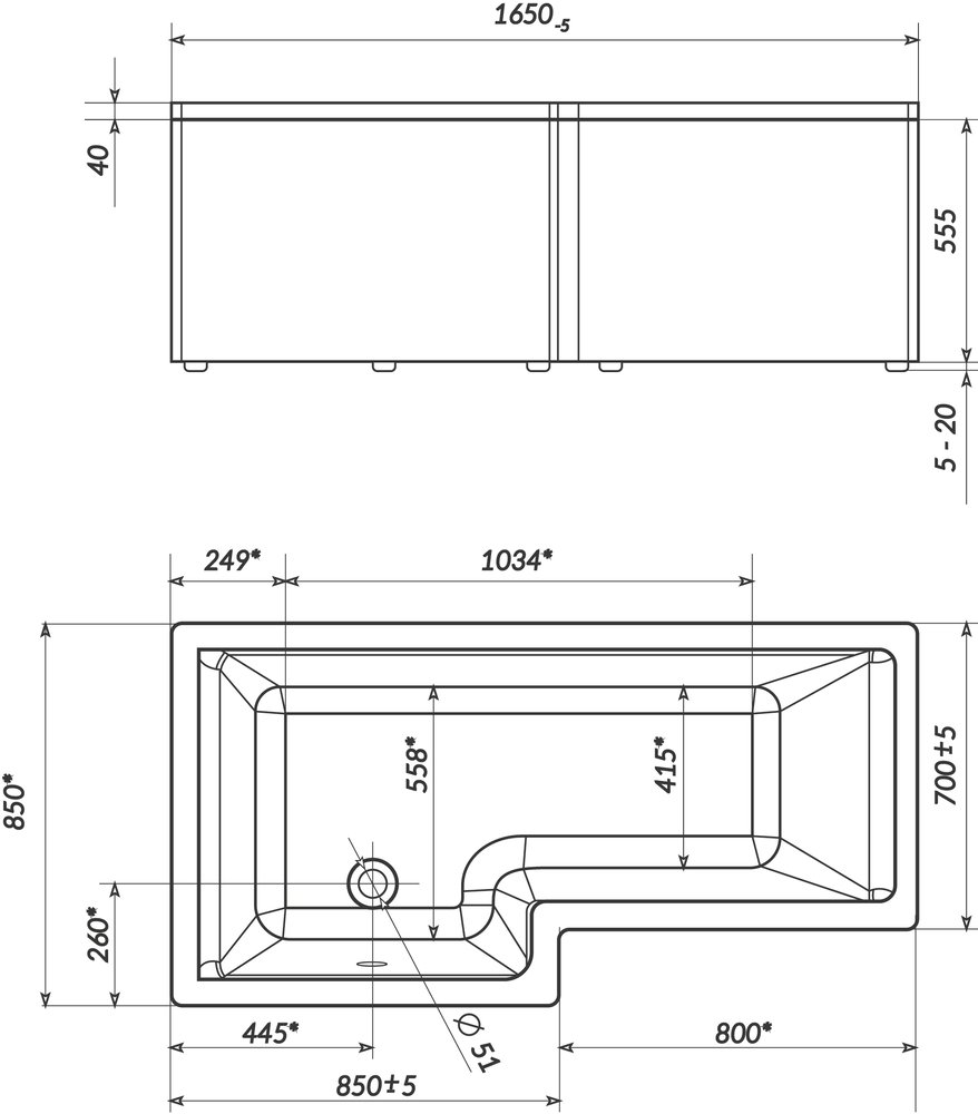 Акриловая ванна Marka One Linea 165x85 L