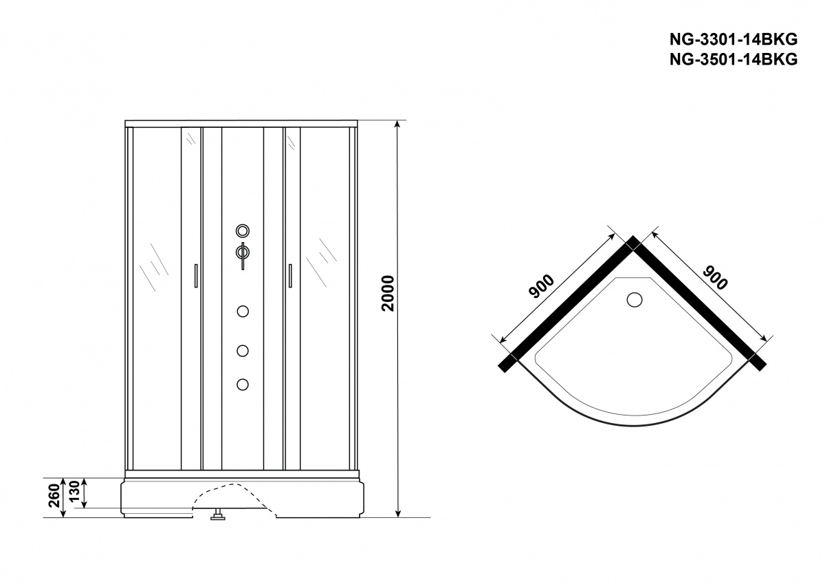 Душевая кабина Niagara NG 3501-14BKG 90x90 стекло тонированное, без крыши, гидромассаж