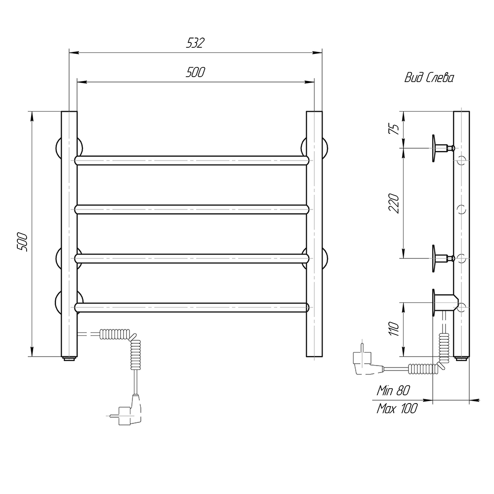 Полотенцесушитель электрический Domoterm Классик DMT 109-4 50x50 EK ТЭН слева, хром