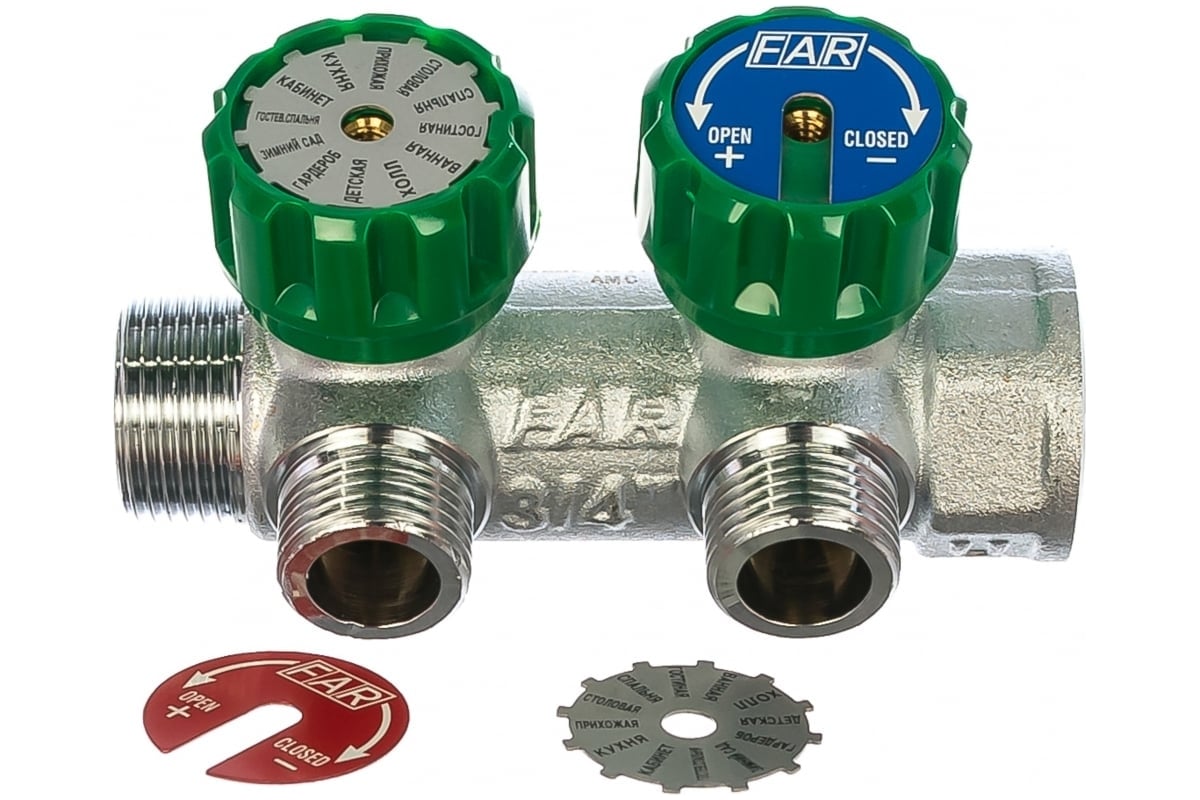 Регулирующий коллектор FAR 3/4" (ВР-НР) с 2 отв. 1/2" НР, плск.упл. (заглушка для коллектора FK 4150 34 в комплекте) FK 3821 3412TP41