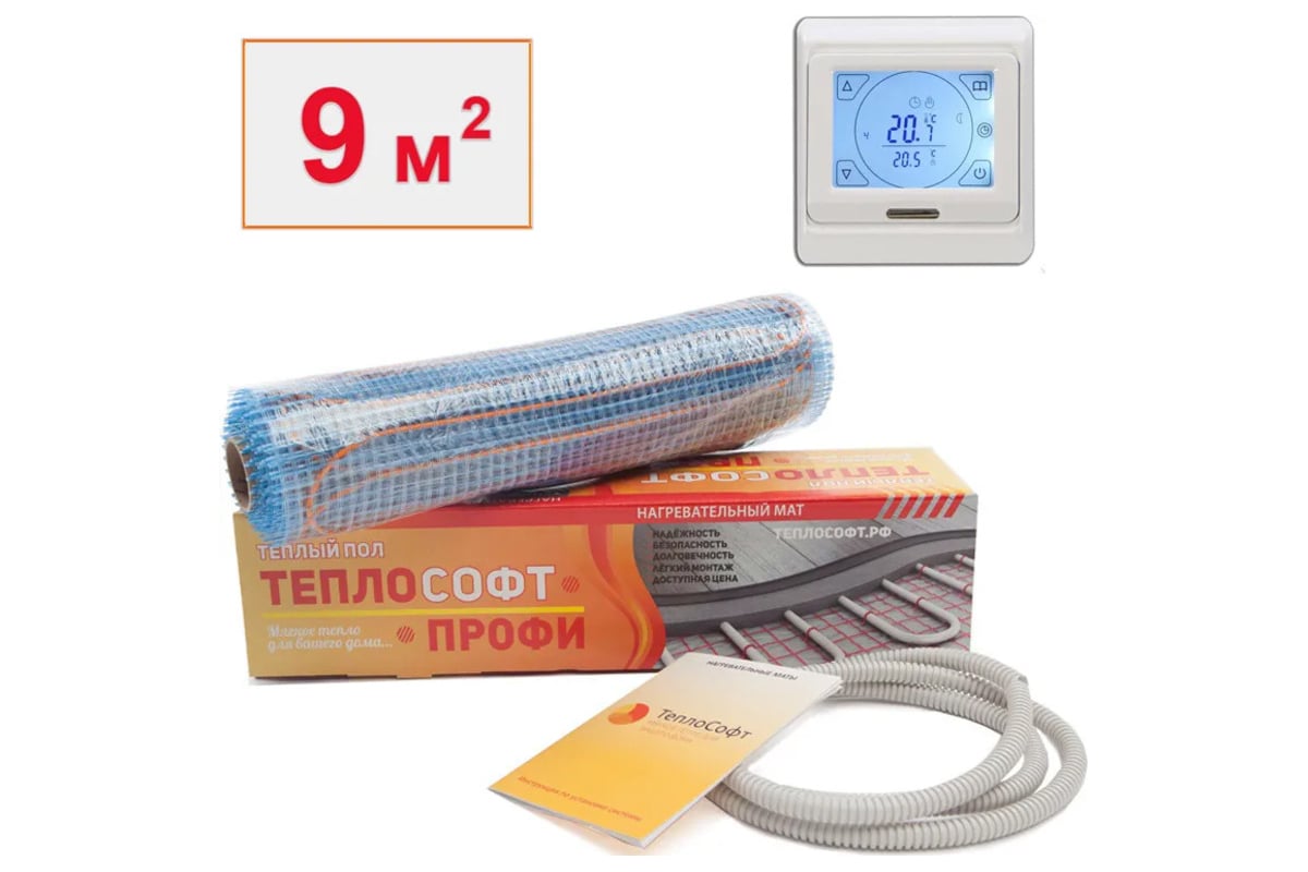 Нагревательный мат ТеплоСофт Профи 9м.кв. 1350Вт с сенсорным терморегулятором 91350/4