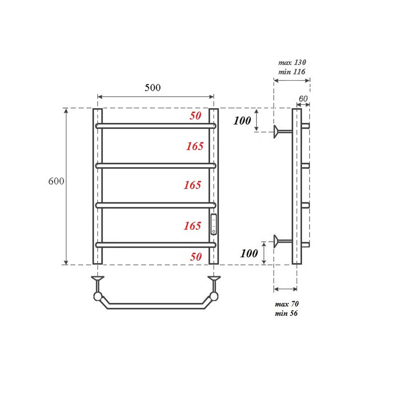 Полотенцесушитель электрический Point PN06856 П4 50x60 диммер справа, хром