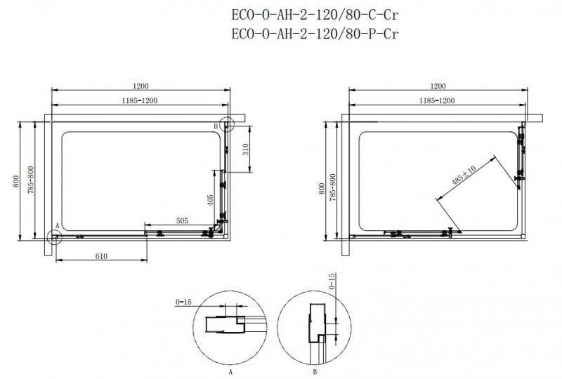 Душевой уголок Cezares ECO-O-AH-2-120/80-P-Cr 120x80 рифленый, прямоугольный