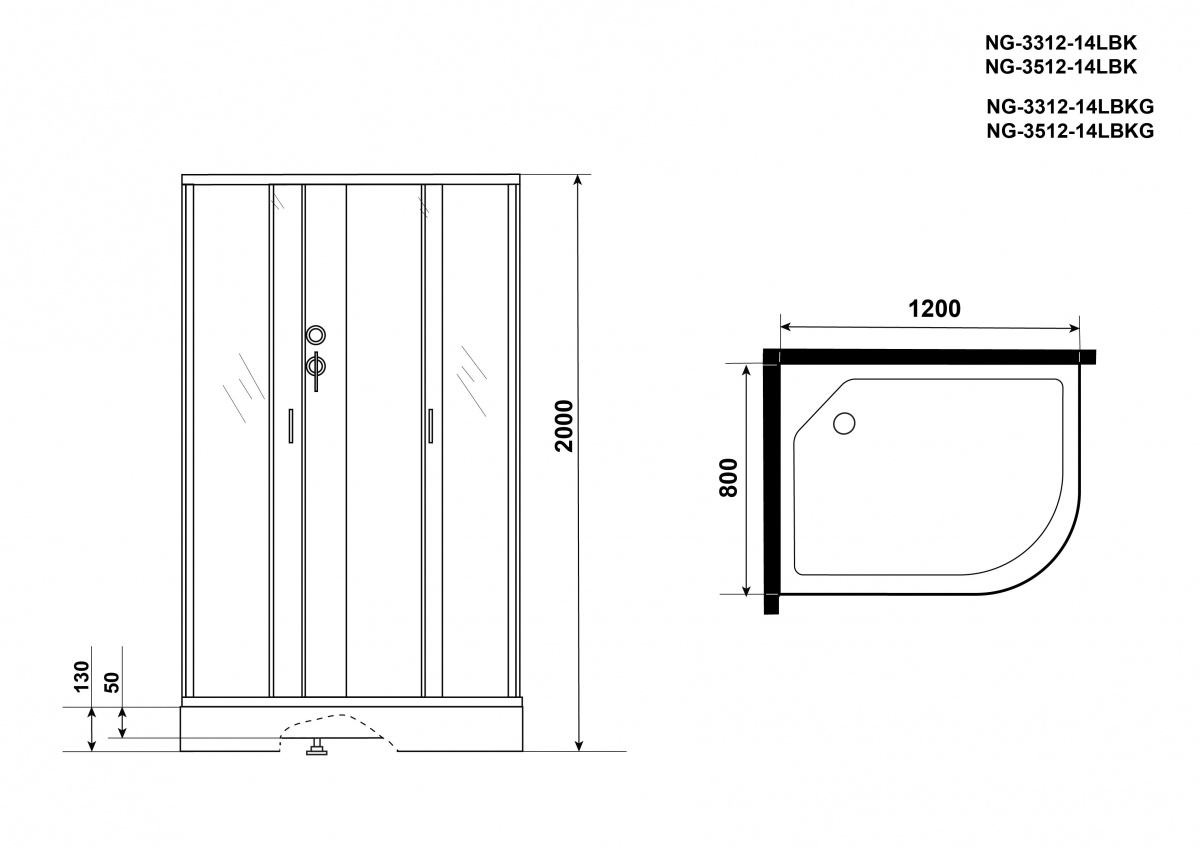 Душевая кабина Niagara NG 3312-14LBKG 120x80 стекло матовое, без крыши, гидромассаж