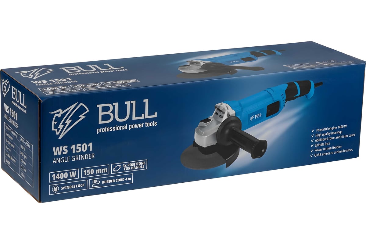 Одноручная угловая шлифмашина Bull WS 1501 150 мм, 1400 Вт, 8400 об/мин, пылезащита, 4 м кабель 1333622