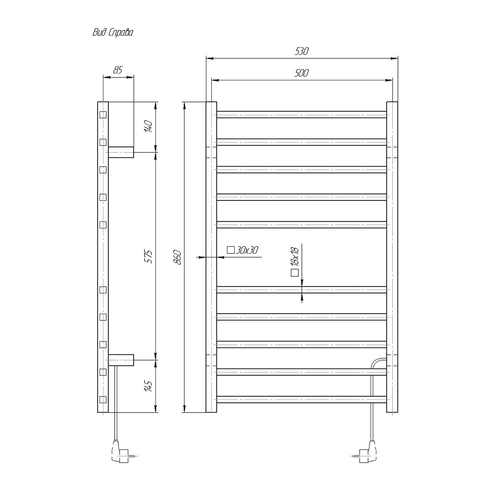 Полотенцесушитель электрический Domoterm Квадро DMT 109-S П10 53x86 BOX ТЭН справа, хром