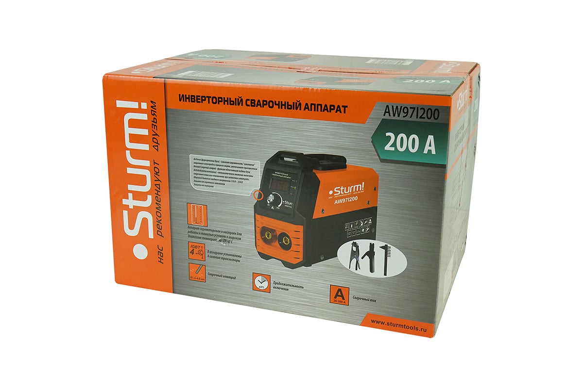 Сварочный инвертор Sturm 200А, ПВ 60%, 170-250В, HotStart/AntiStick/ArcForce AW97I200