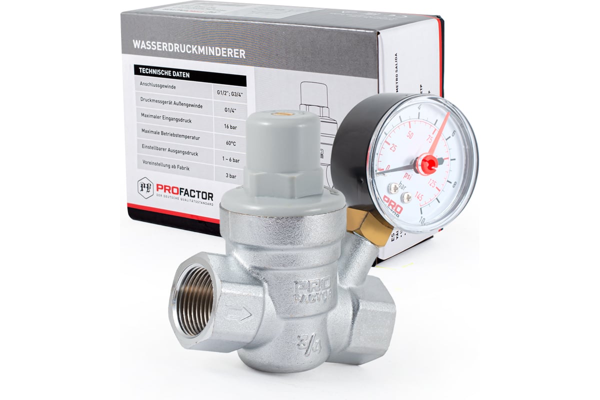 Редуктор давления PROFACTOR мембранный, с манометром, 3/4" PF PRV 254G
