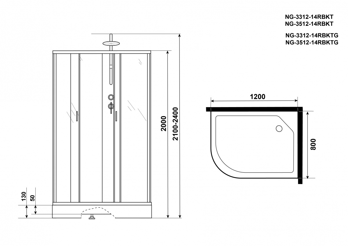 Душевая кабина Niagara NG 3512-14RBKT 120x80 стекло тонированное, без крыши, тропический душ