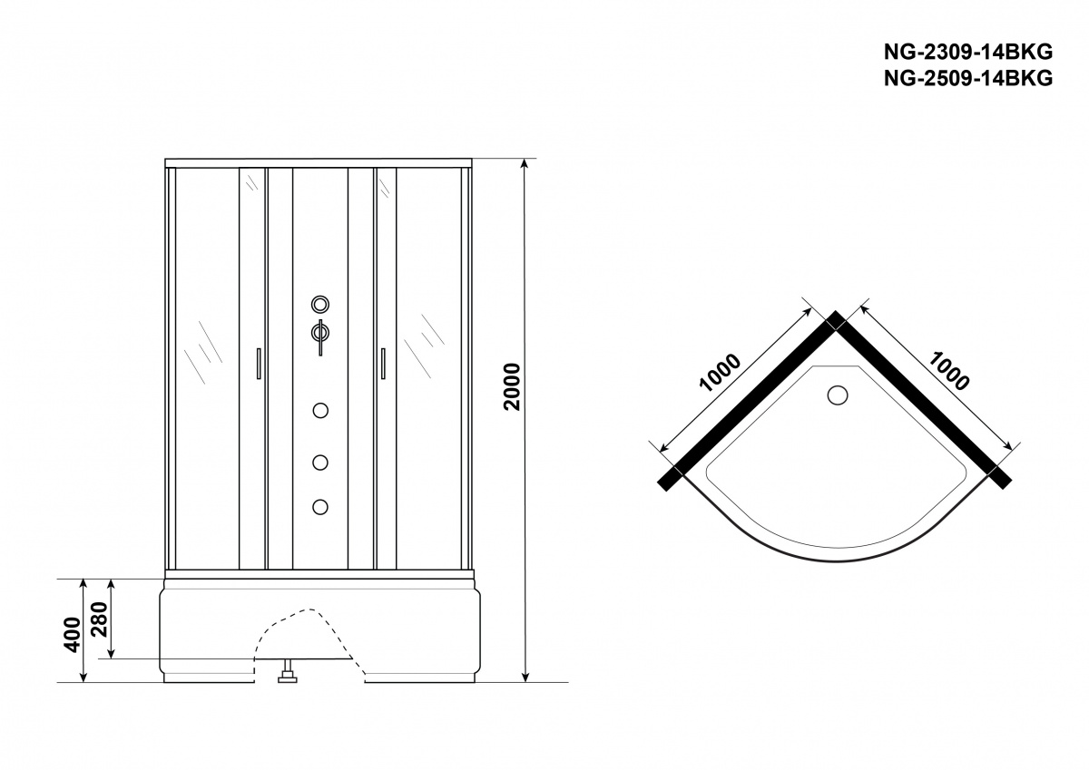 Душевая кабина Niagara NG 2509-14BKG 100x100 стекло тонированное, без крыши, гидромассаж