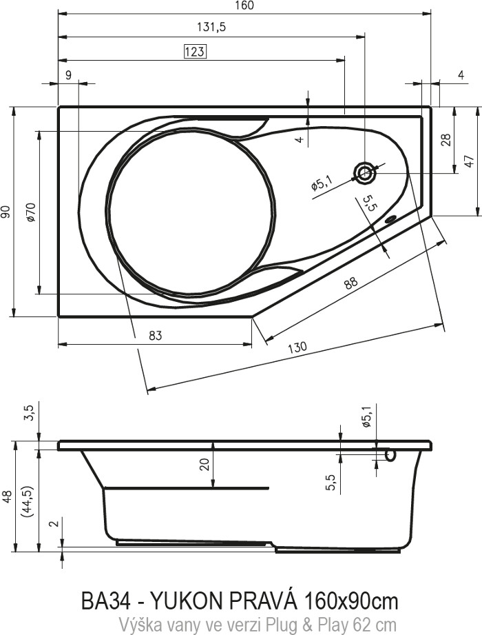 Акриловая ванна Riho Yukon Plug&Play 160x90 см L/R с монолитной панелью