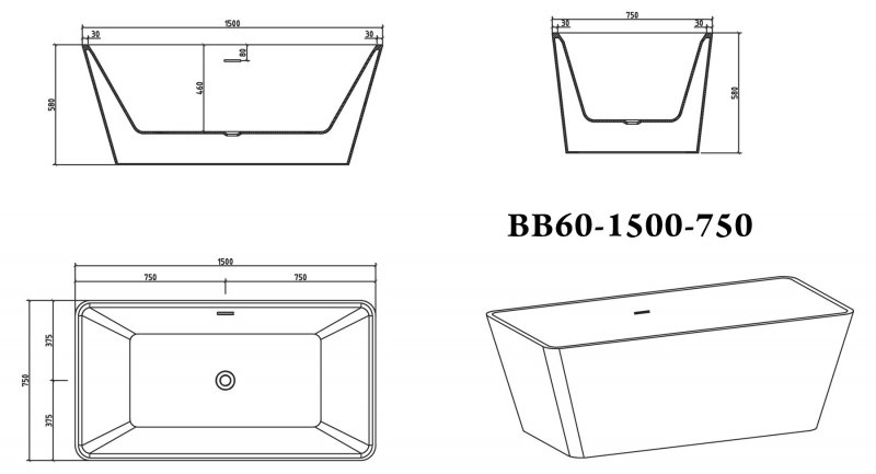Акриловая ванна BelBagno BB60-1500-750 150x75 белый